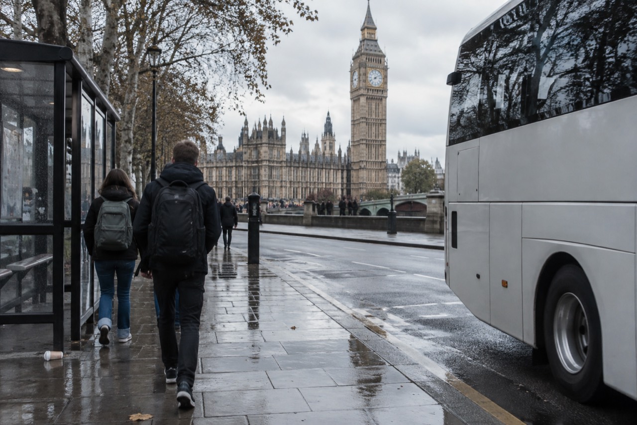 Young travellers with backpacks walking beside a coach on a European city street
