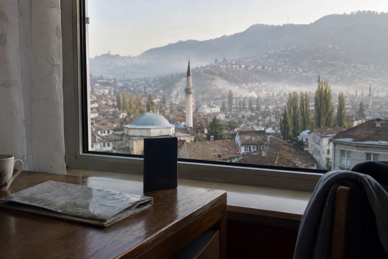 A US passport open on a desk beside a boarding pass and a folded map of Europe