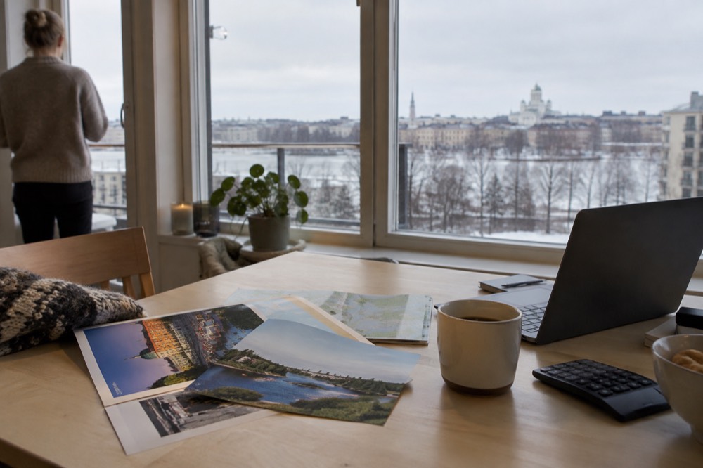 A desk with a laptop, a calculator and Europe travel brochures spread out
