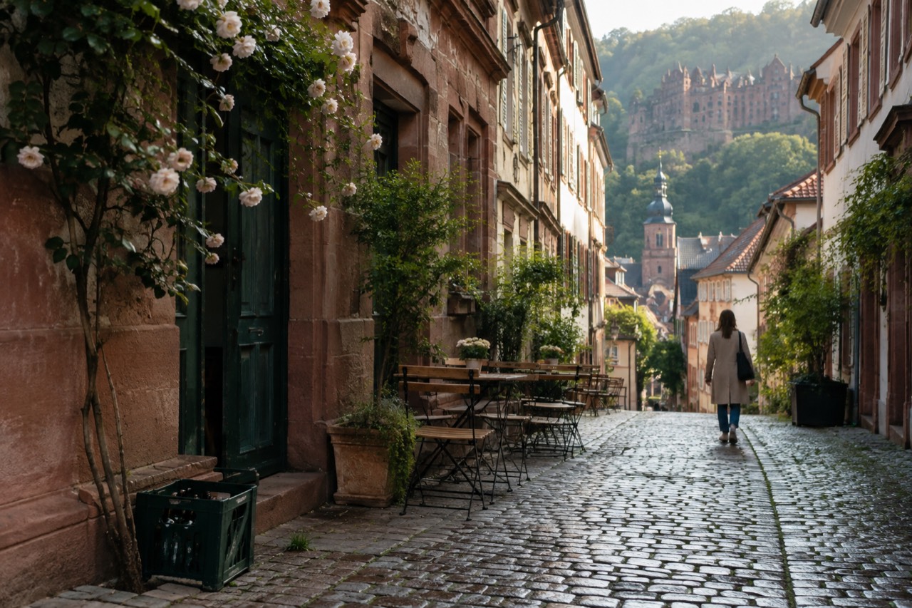 A narrow European old town street with stone buildings and cafe tables in morning light