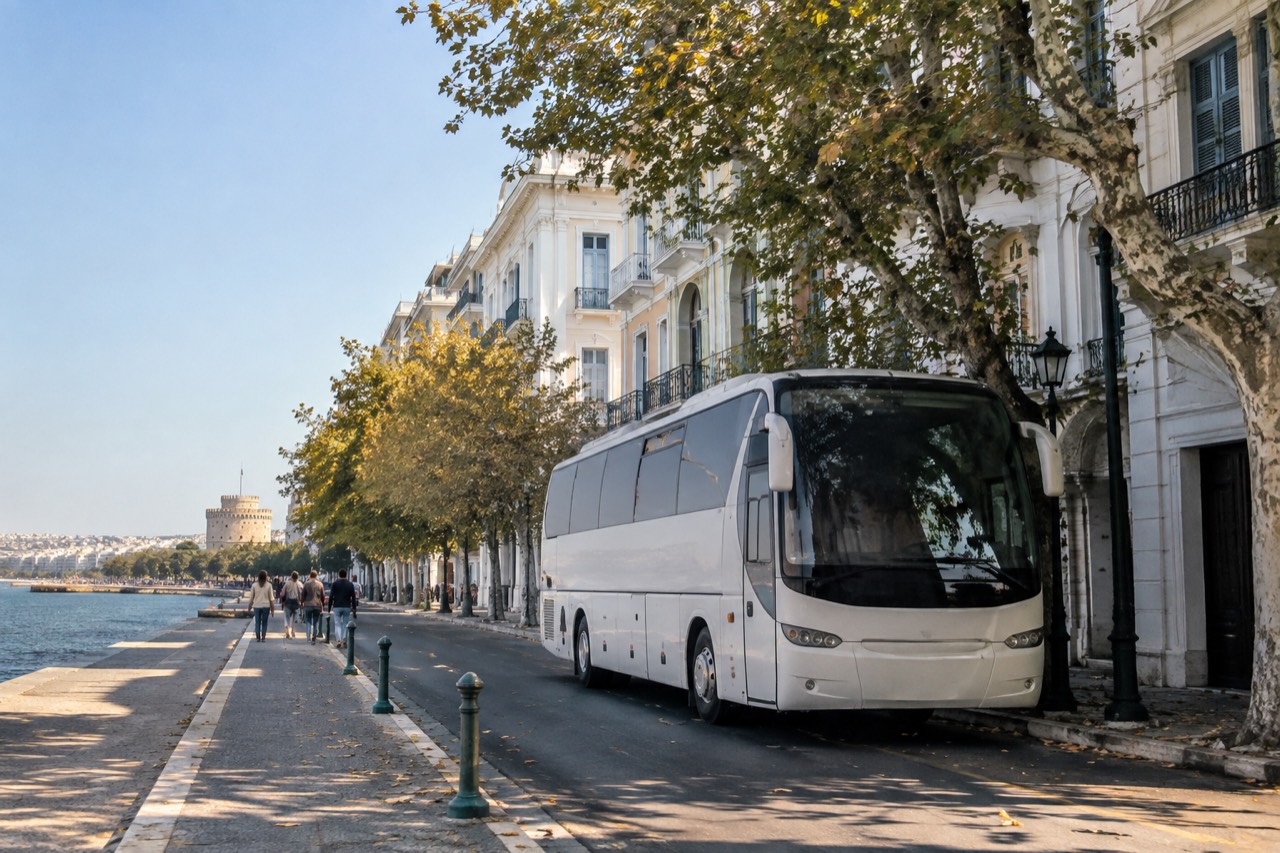 A coach parked on a quiet street beside historic European buildings in soft morning light