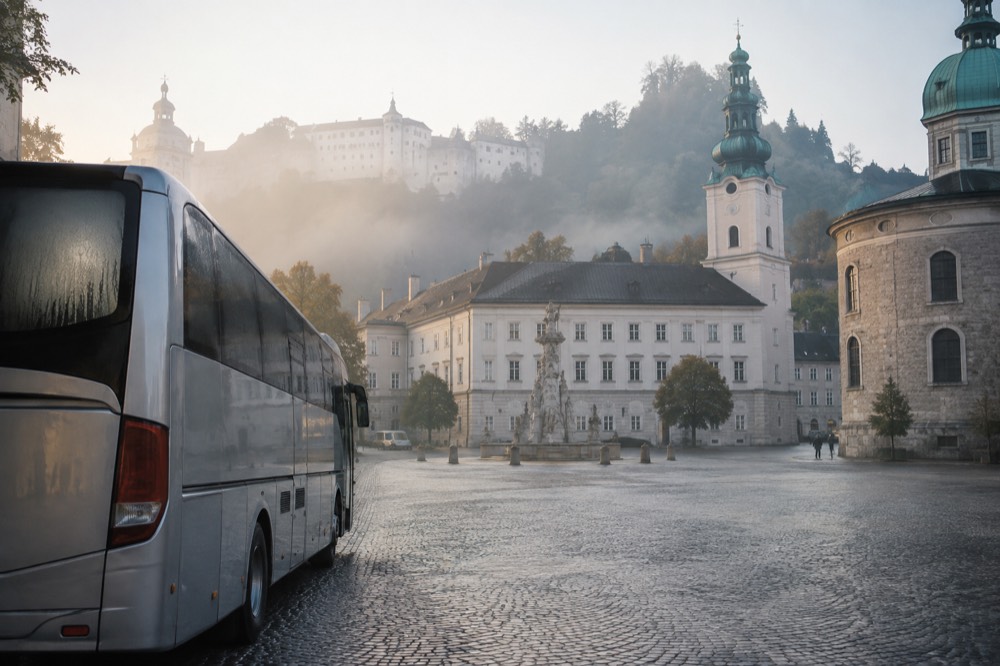 A tour coach parked outside a historic European town square in the early morning