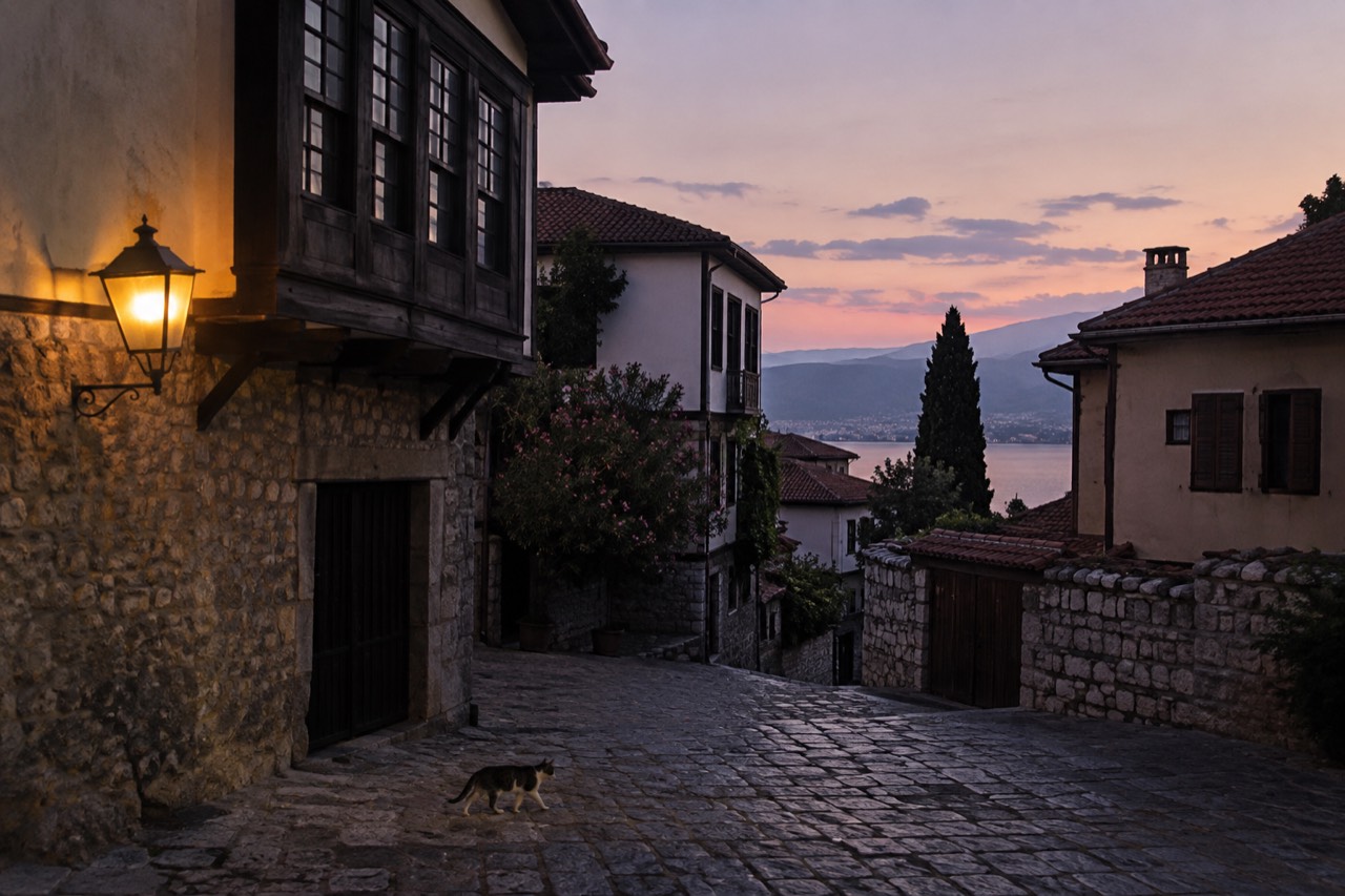Empty cobblestone square in a European old town at dusk with shuttered windows and stone buildings