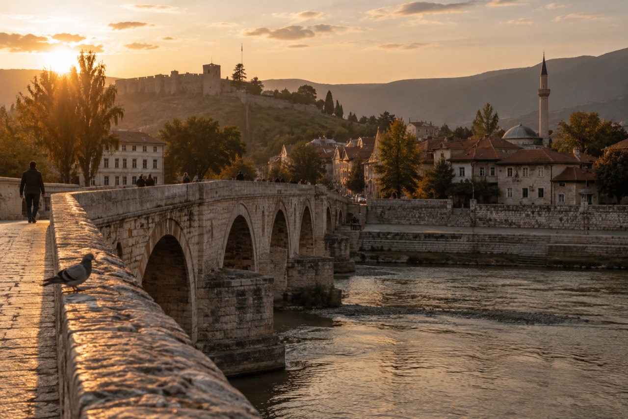 Old town rooftops and a stone bridge over a river in a Balkan city at golden hour
