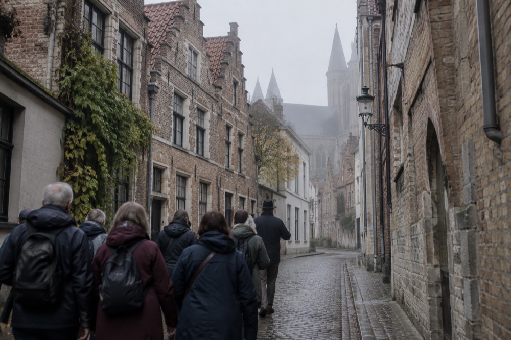 A tour group walking with a guide through a narrow medieval European street
