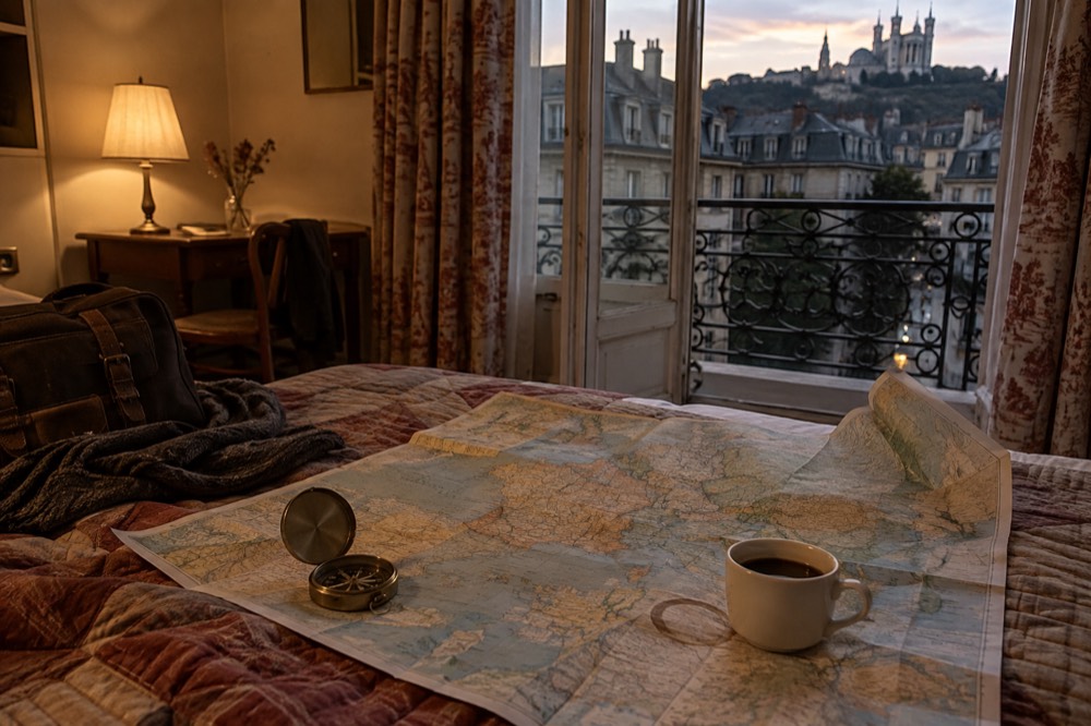 A map of Europe spread on a table with a compass and a coffee cup beside it