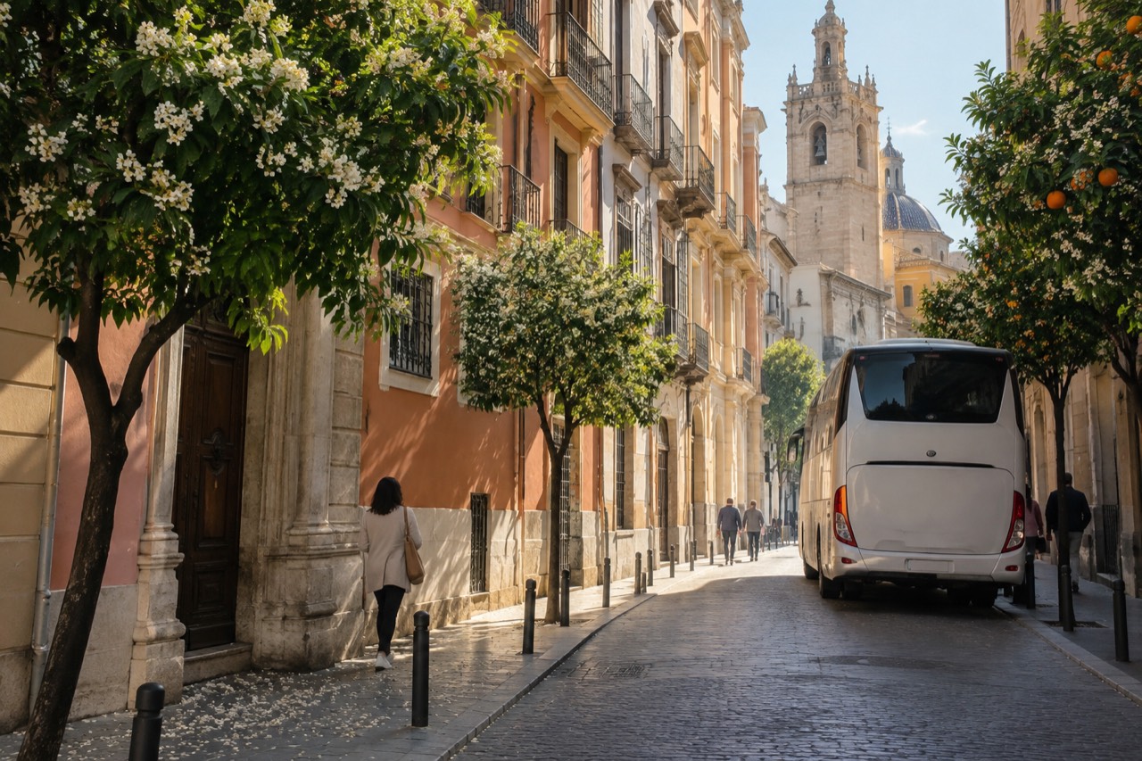 A coach parked on a European street with old stone buildings behind it