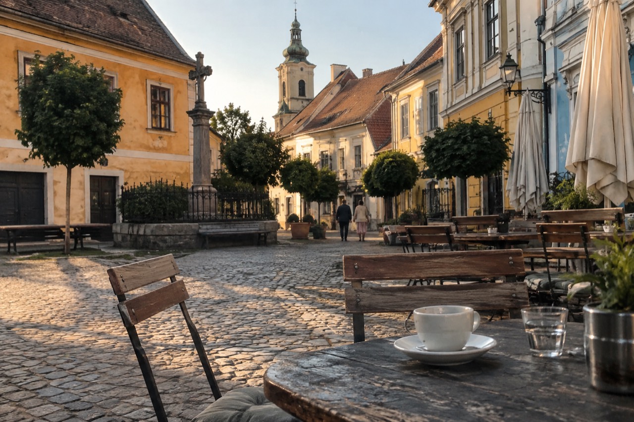 A quiet European old town square at golden hour with stone buildings and an empty cafe terrace