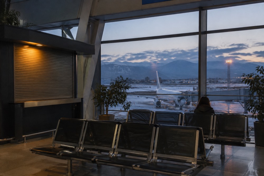 An airport departure hall with a wide window overlooking parked aircraft at dusk