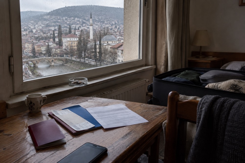 A traveller's passport and documents laid out on a wooden desk beside a suitcase
