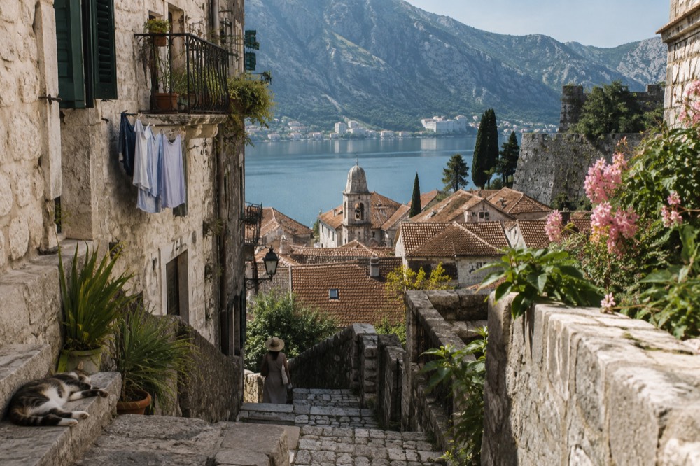 Walled old town on a peninsula with terracotta rooftops above a blue Adriatic bay