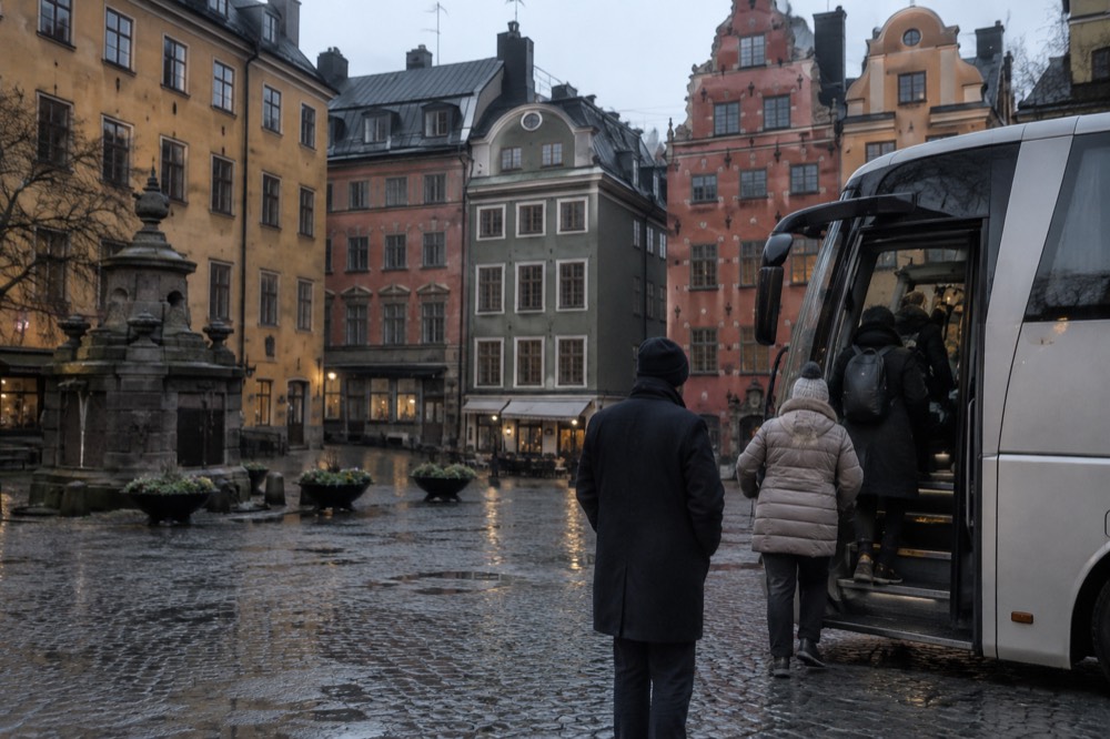A coach parked in a European square with passengers boarding