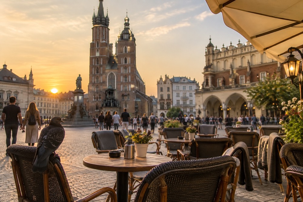 A wide plaza with historic buildings and outdoor cafe tables in the evening