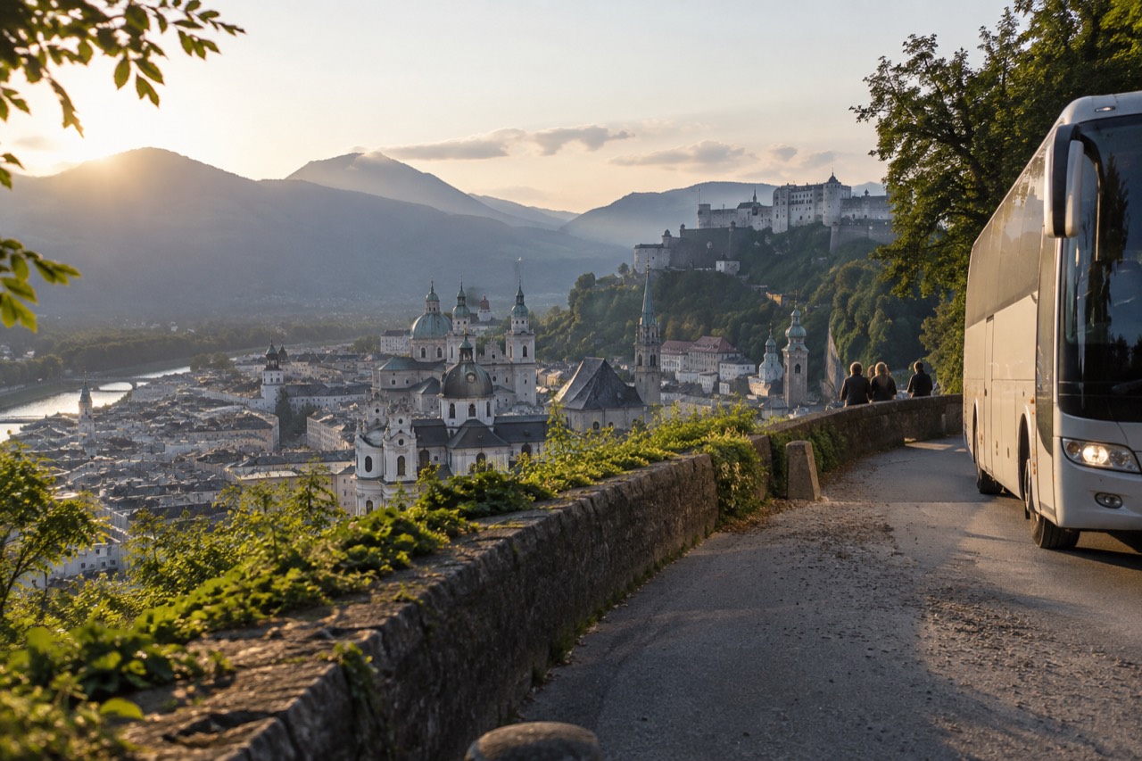 A coach parked on a mountain road above a European valley town with stone buildings