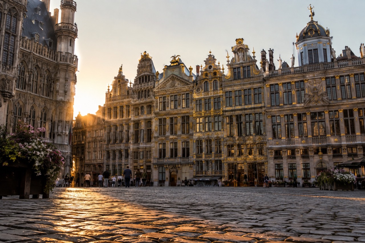 Old European town square with cobblestones and ornate facades at golden hour