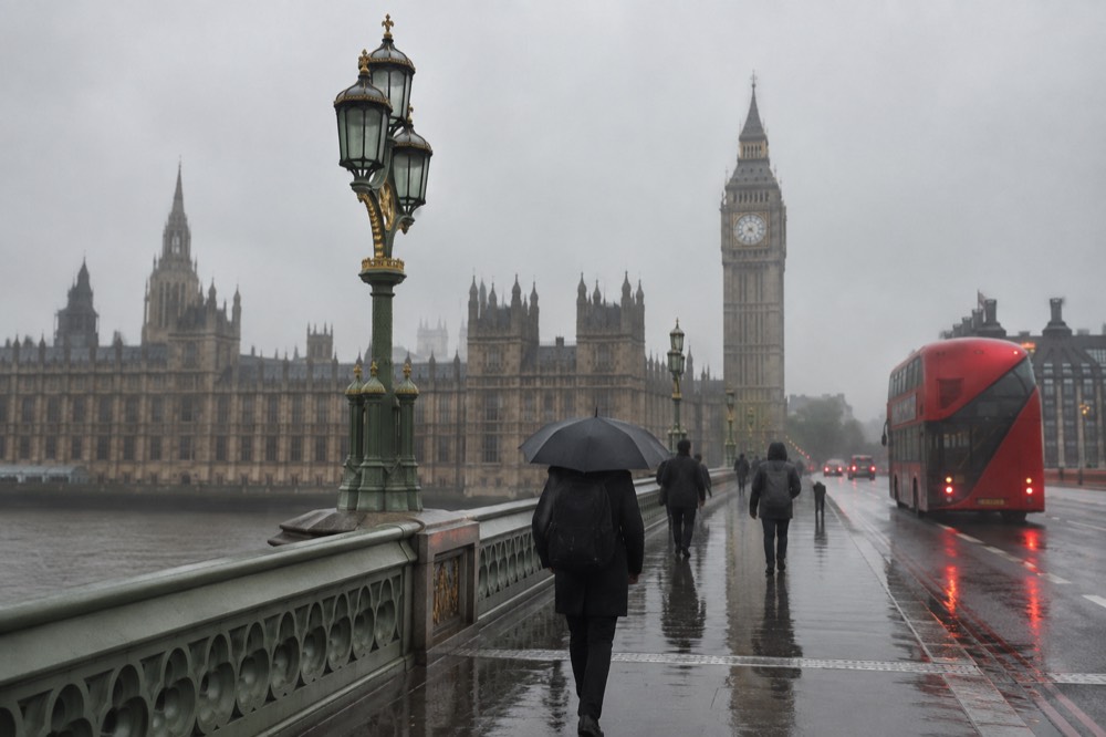 A red double-decker bus crossing Westminster Bridge with the Houses of Parliament and Big Ben in the background under a grey London sky