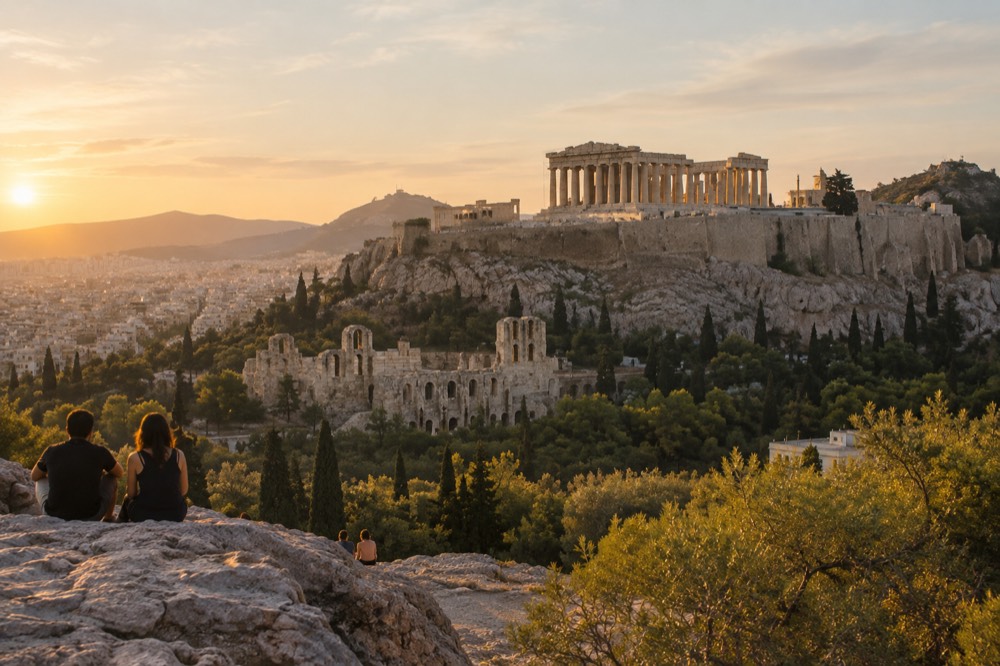 The Acropolis of Athens on a rocky hilltop under a deep blue sky with the city sprawling below