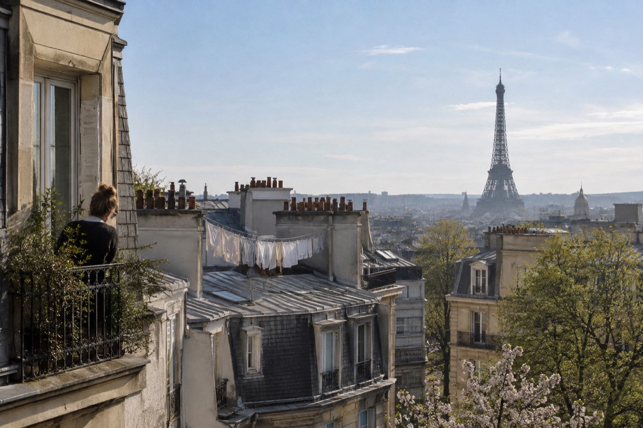 Sunlit view of the Eiffel Tower rising above Parisian rooftops with a clear blue sky