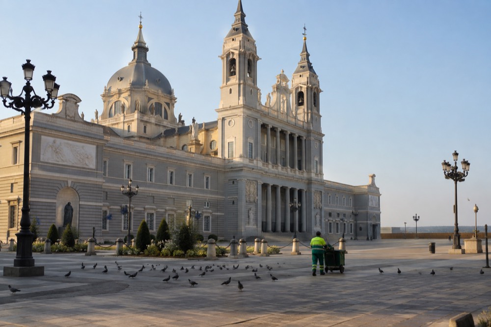An empty plaza in front of a European cathedral with morning light on the facade