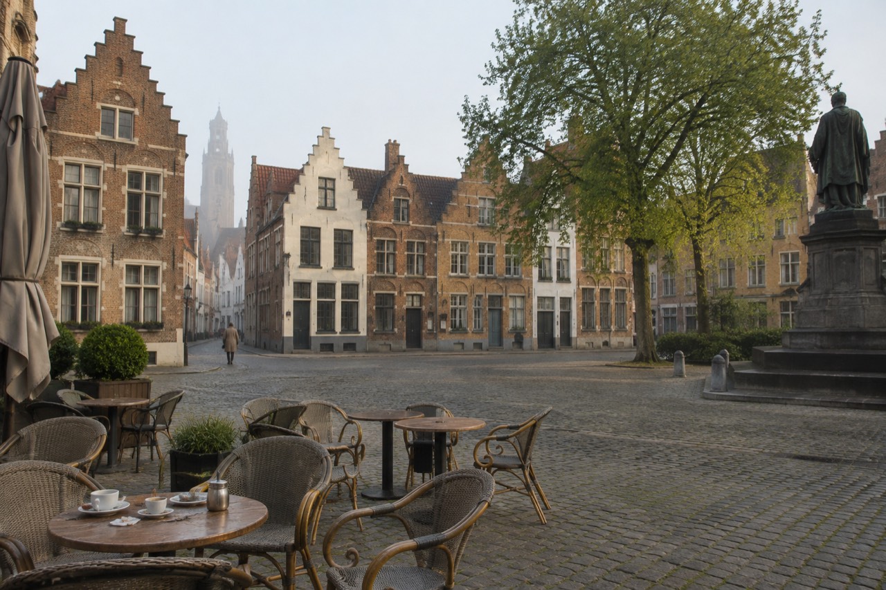 A quiet cobblestone square in a European old town with cafe tables and stone buildings in soft morning light