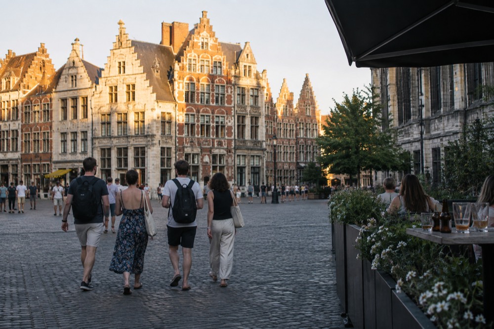A group of travellers walking together through a European old town square