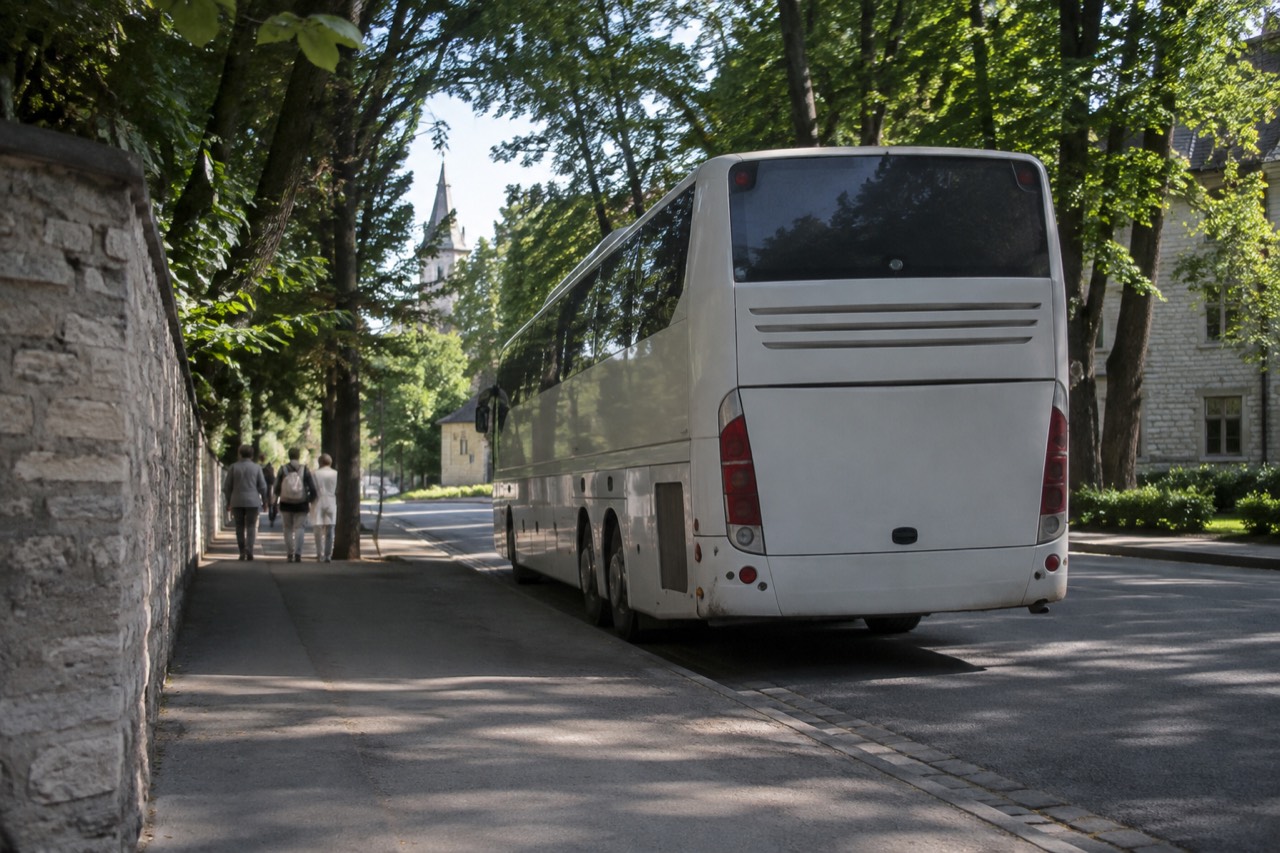 A coach parked on a tree-lined road beside European town buildings