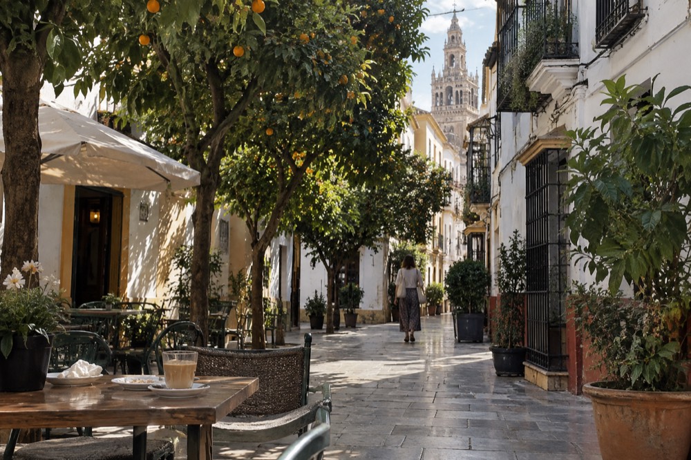A cobbled pedestrian street lined with colourful old buildings and outdoor cafe tables in the morning
