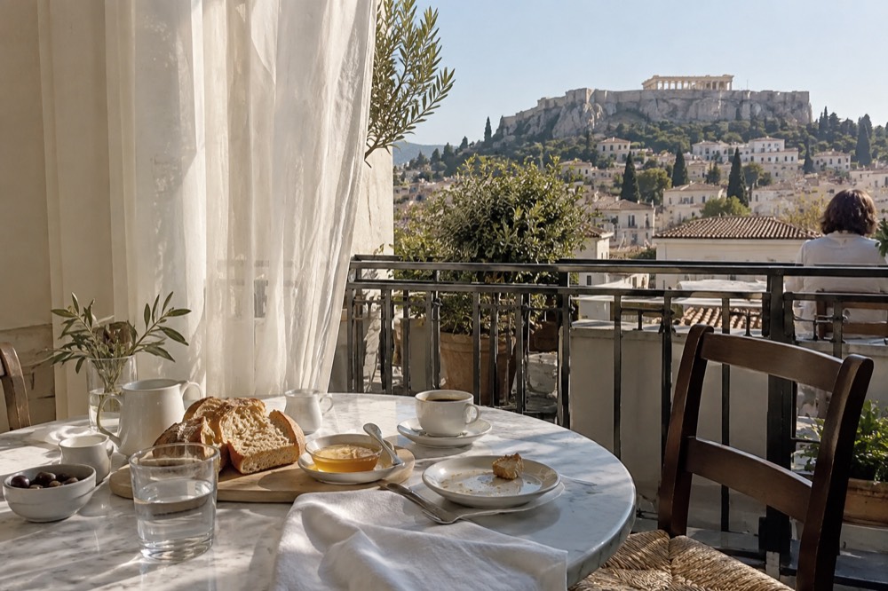 A breakfast table set with coffee and bread in a bright European hotel dining room