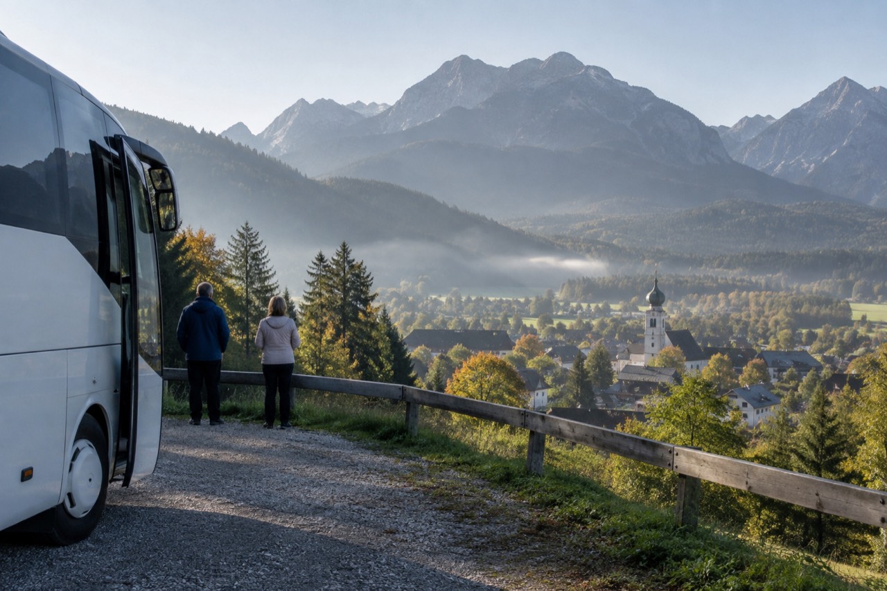A touring coach parked on a mountain road above an alpine valley with village rooftops below