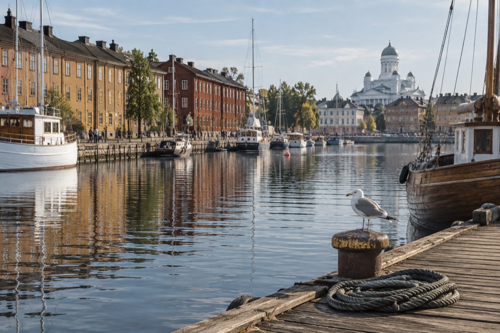A wide Scandinavian city waterfront with colourful wooden buildings and a calm harbour