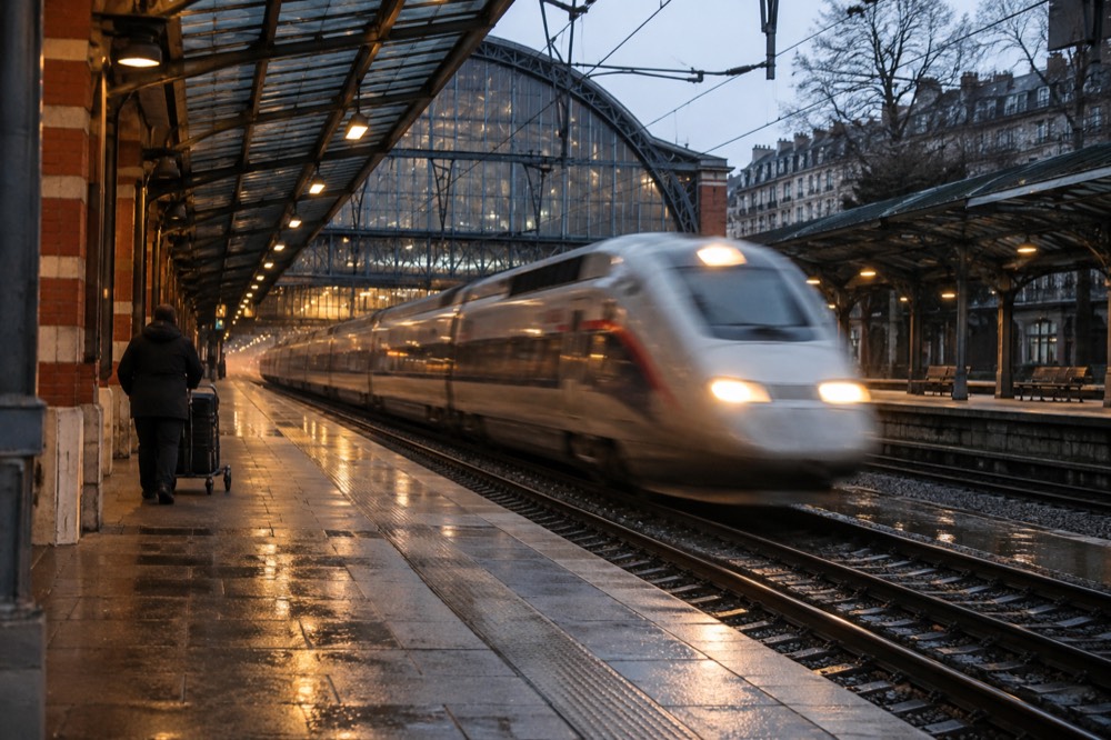 A high speed train pulling into a glass-fronted European railway station platform