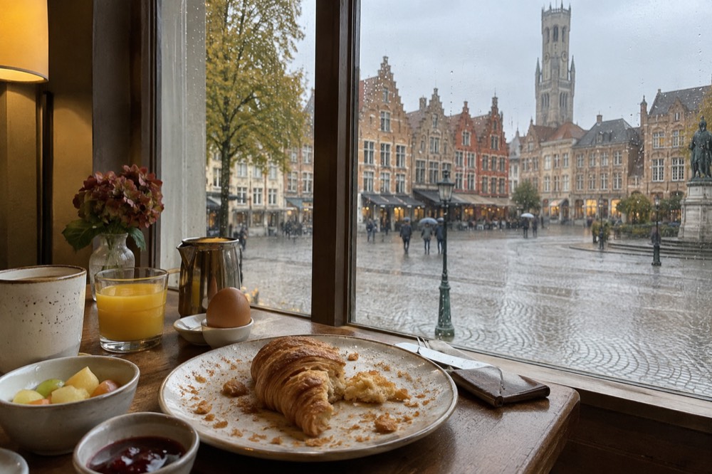 A hotel breakfast table set beside a window overlooking a European old town square