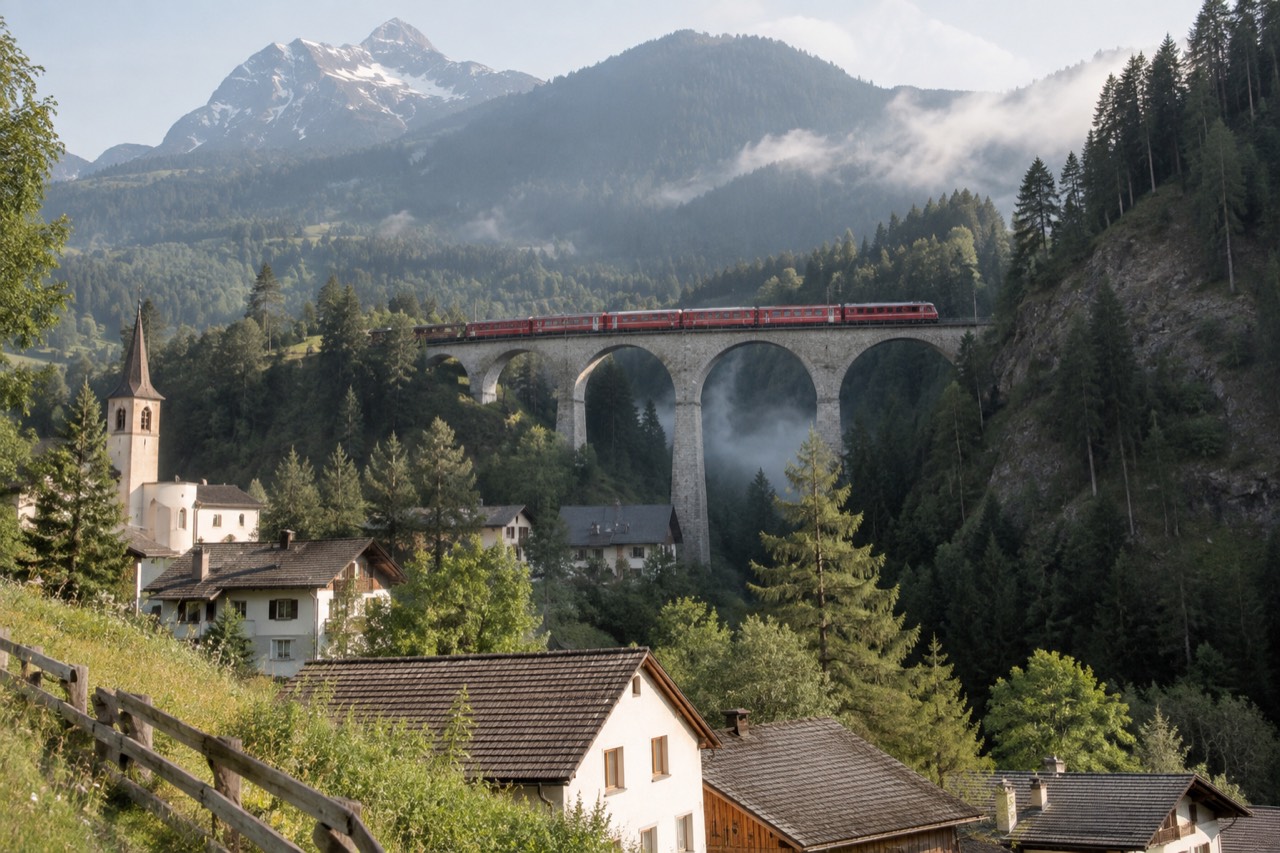 A red passenger train crossing a stone viaduct above an Alpine valley with village rooftops below