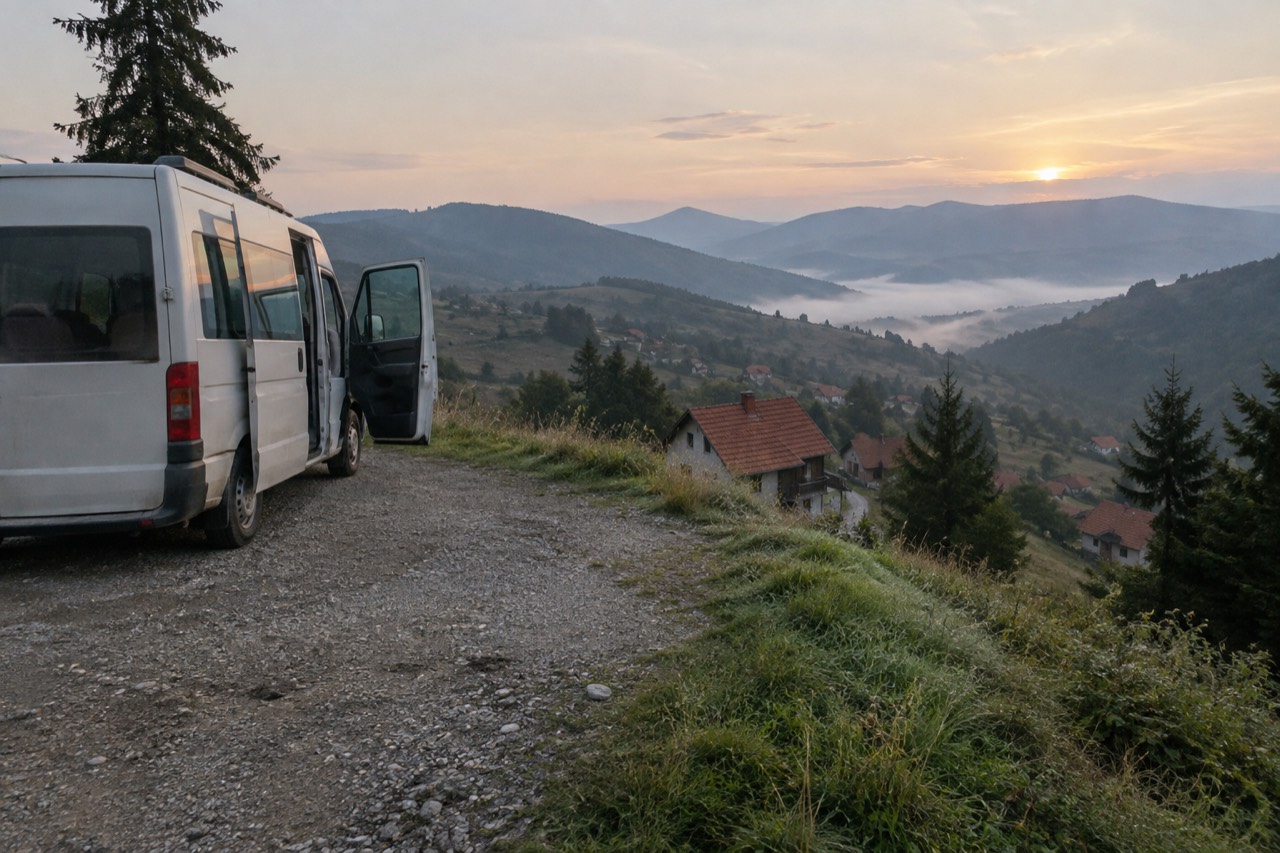 A minibus parked on a quiet mountain road above a Balkan valley at golden hour
