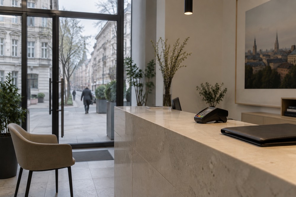 A reception desk in a bright travel office with paperwork and a card reader on the counter