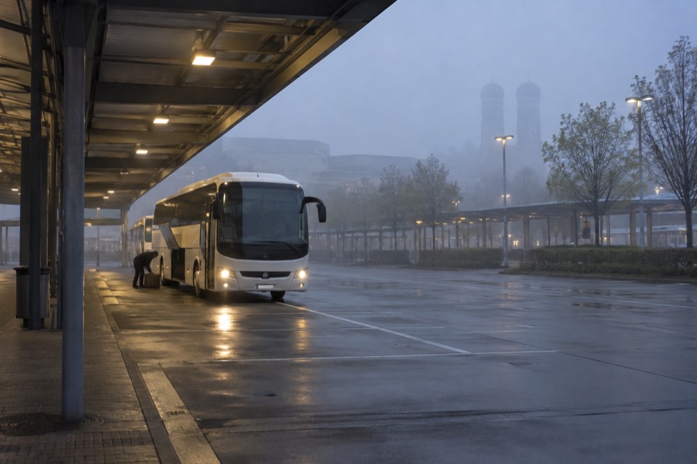 An empty coach bay at a European terminal with a single bus waiting in morning light