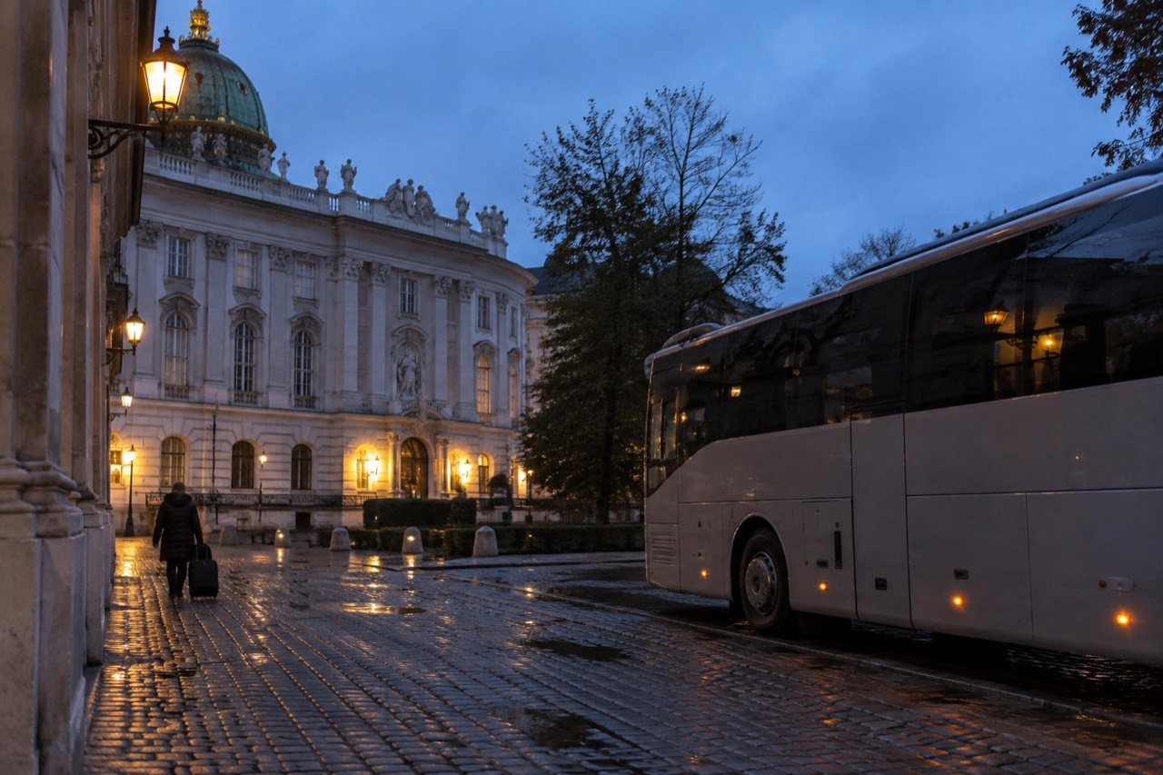 A tour coach parked on a cobblestone square beside a European old town building at dusk