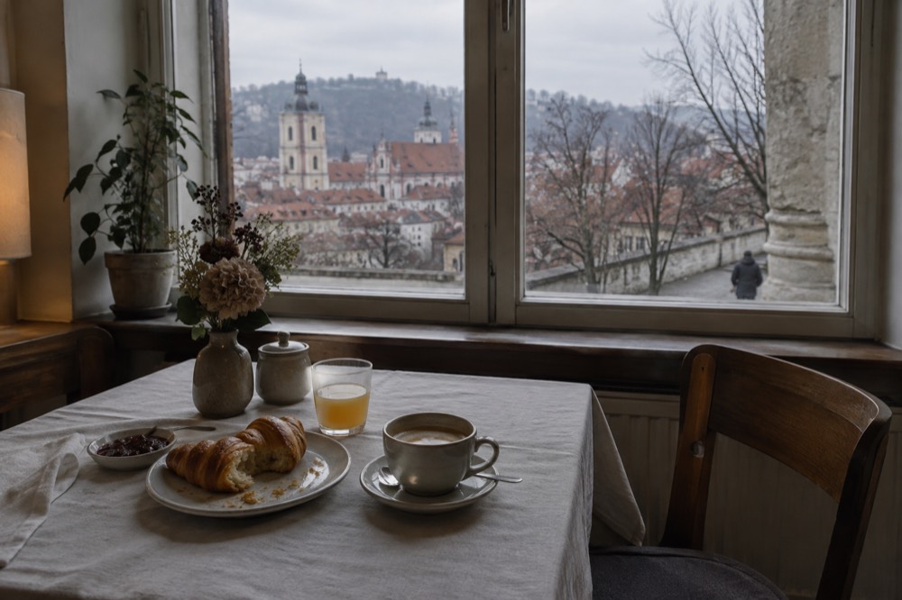 A set breakfast table in a European hotel dining room with pastries and coffee