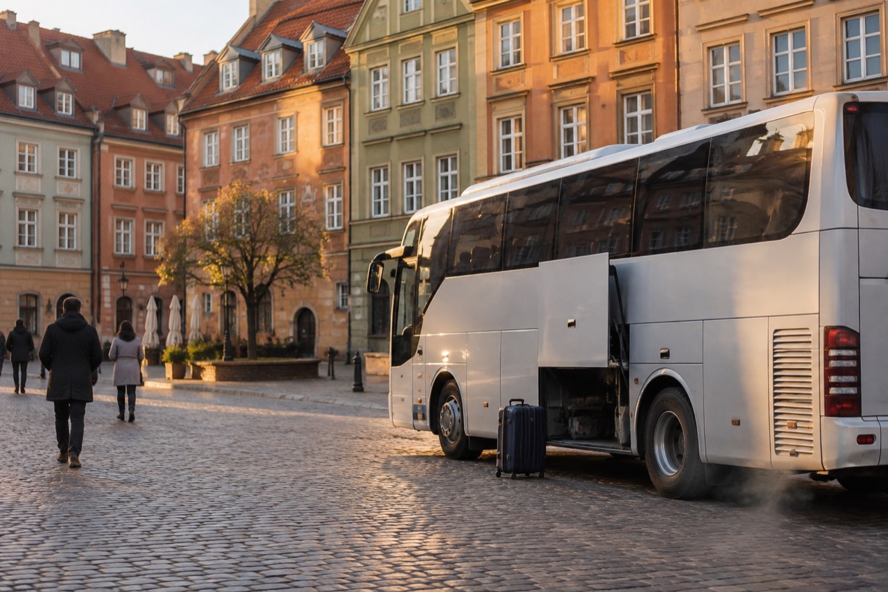 A coach parked on a cobblestone square beside old European buildings at golden hour