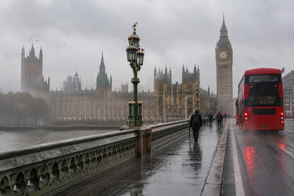 A red double-decker bus crossing a bridge over the Thames with the Houses of Parliament behind