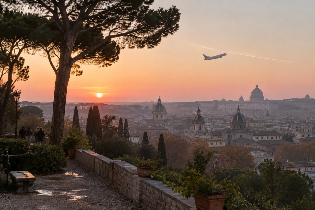 A long-distance passenger aircraft climbing above a European city skyline at sunrise