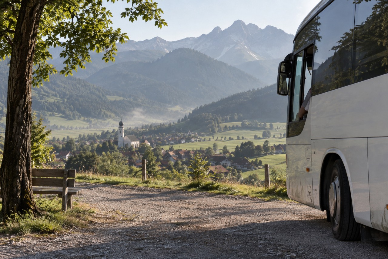 A coach parked on a mountain road above an alpine valley with villages in the distance
