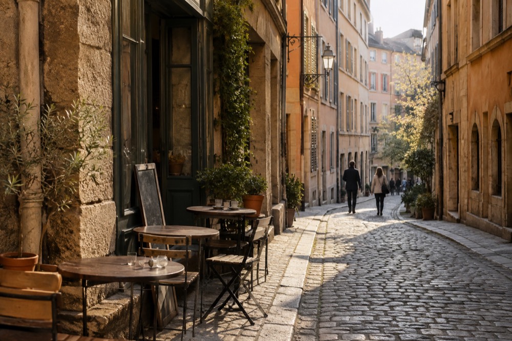A narrow cobblestone street between old European buildings with cafe tables along one side