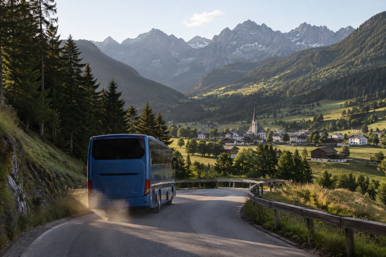 A coach parked on a mountain road above a European valley village with church steeples