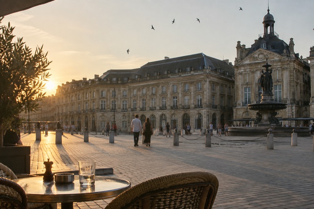 A wide European city square with classical architecture and a fountain at golden hour