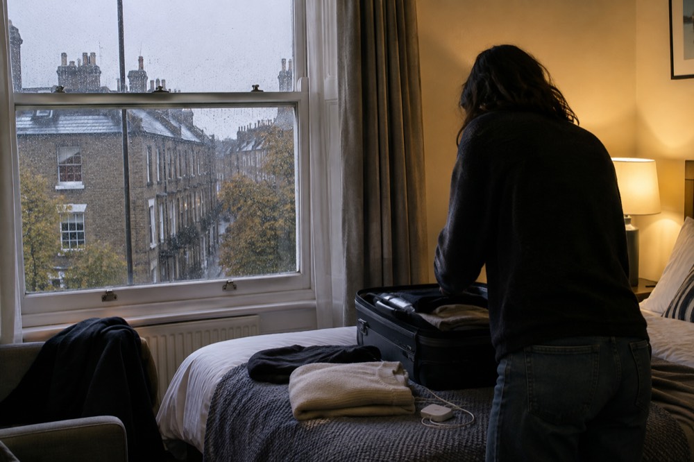 A traveller packing a suitcase in a hotel room with a city visible through the window