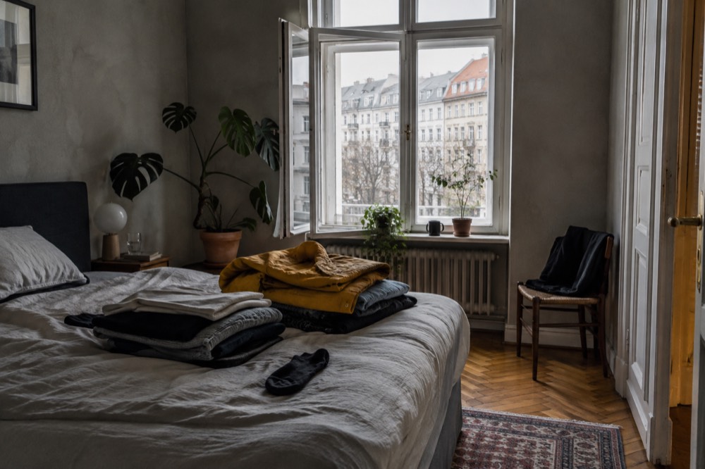 Folded clothing layers stacked in neat piles on a bed with a rain jacket on top