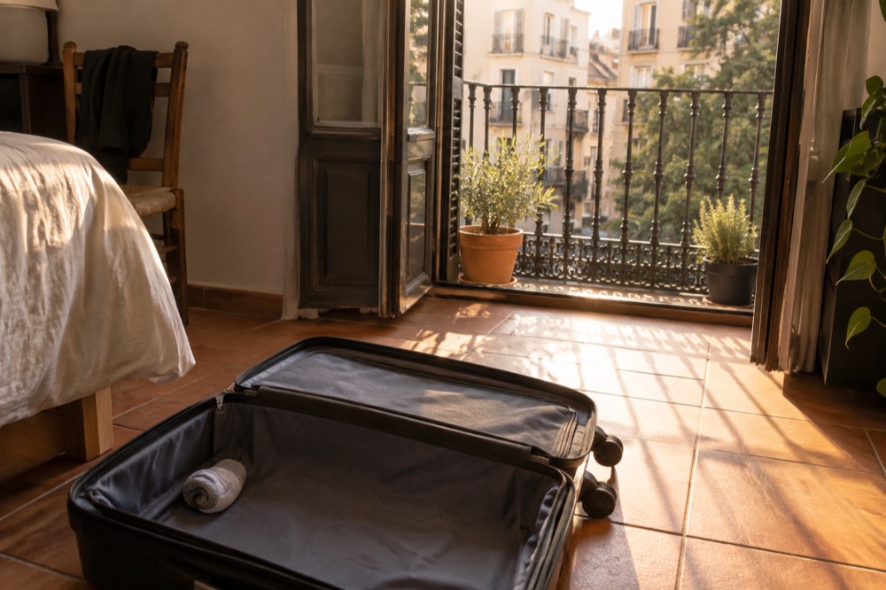 An open near-empty suitcase on a floor showing how much spare room remains