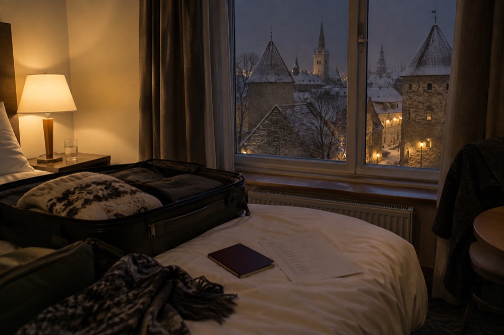 A half-packed suitcase on a bed at night with a checklist and passport beside it
