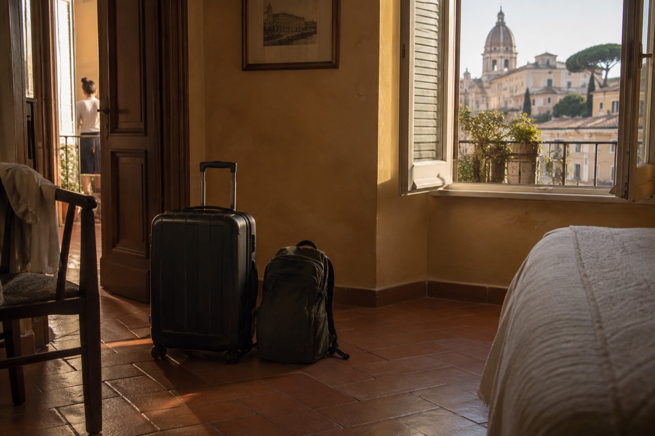 A single soft-sided suitcase and a day pack standing closed on a wooden floor beside a window with morning light
